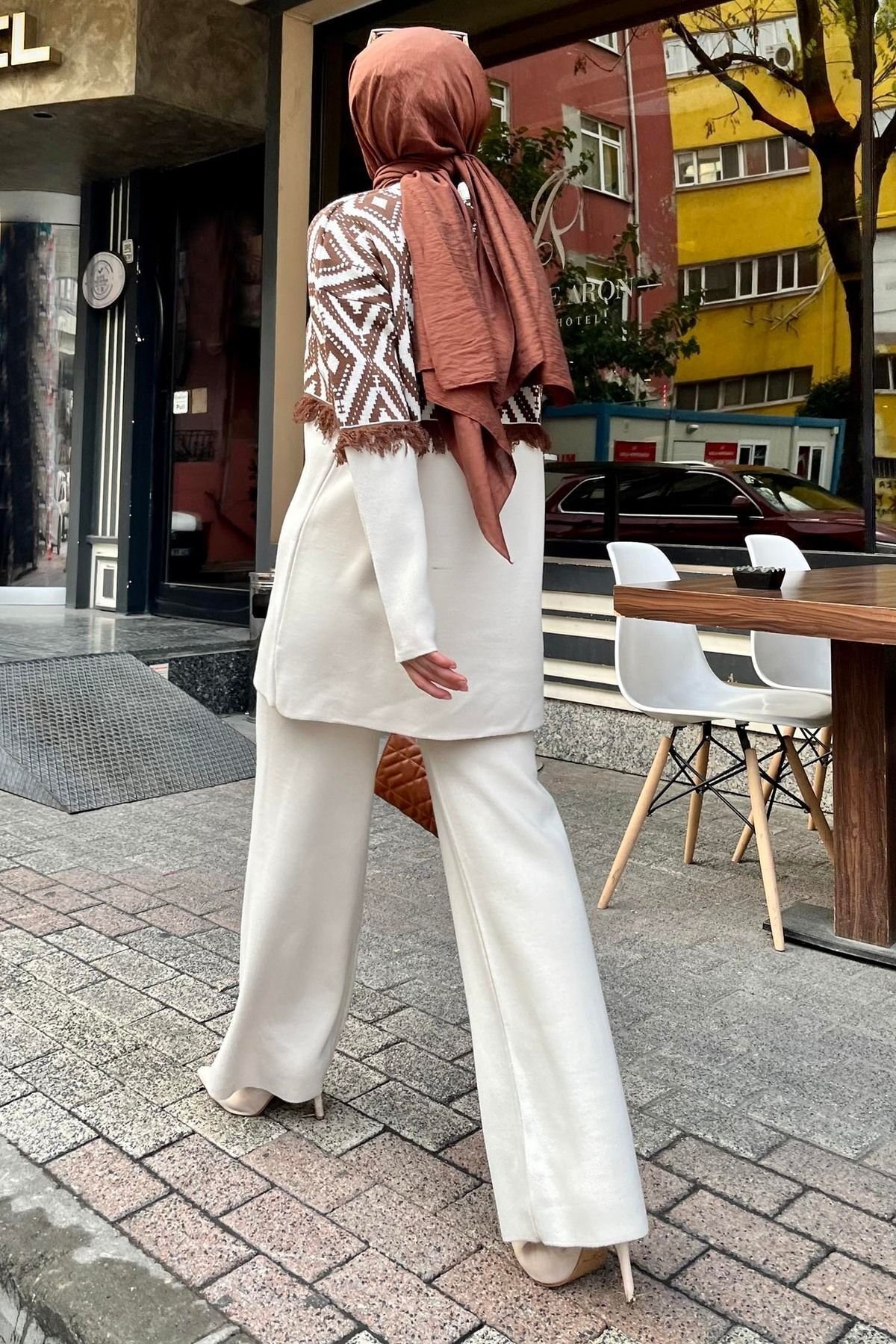 Düz Orta Kadın Bej Triko Tunik Pantolon - 21808 - 3
