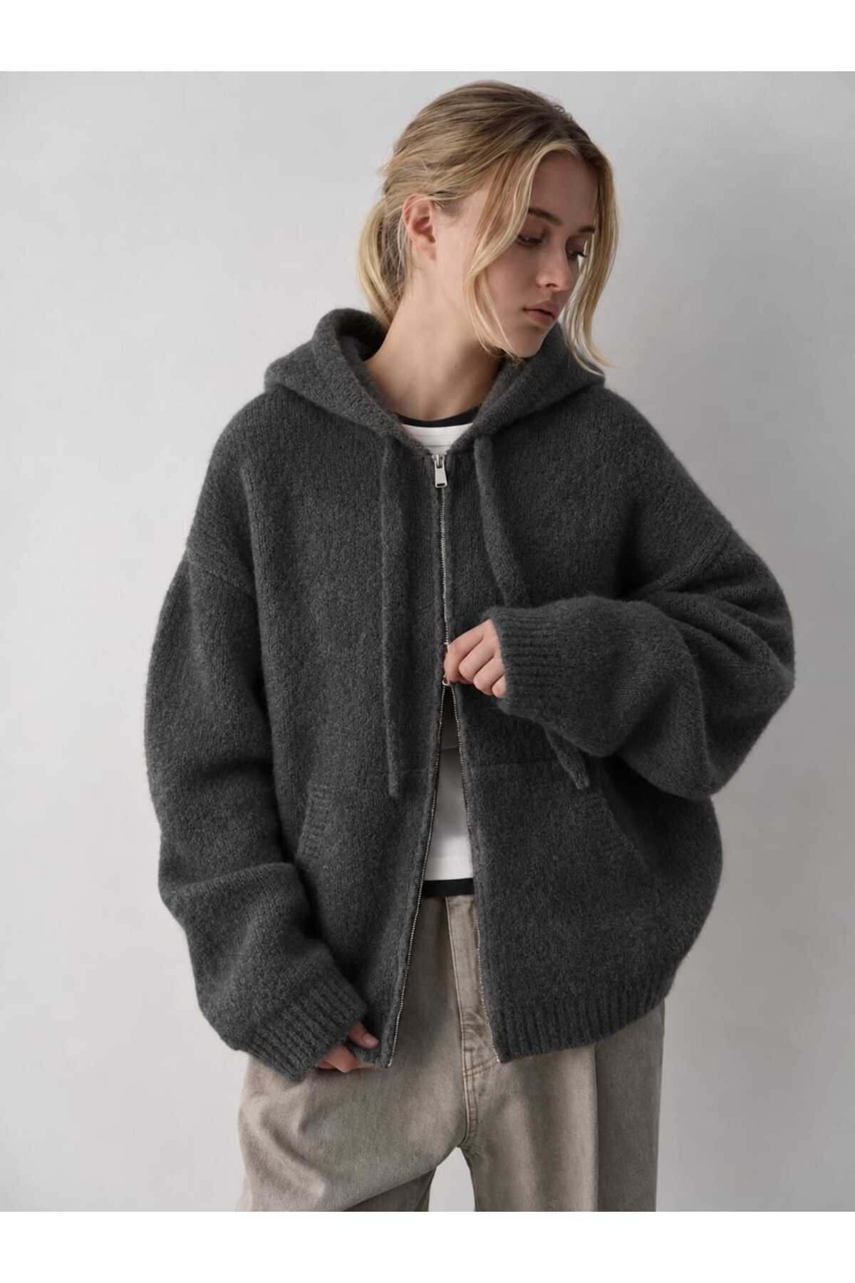 Kadın Kapüşonlu Fermuarlı Triko Hırka SOFT HOODIE CARDIGAN - 3