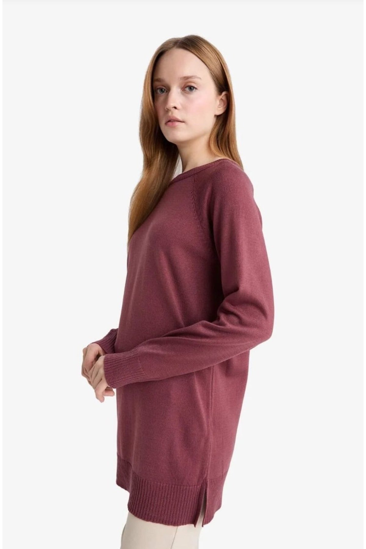Regular Fit Bisiklet Yaka Yırtmaçlı Basic Düz Triko Kazak Tunik009012 - 5