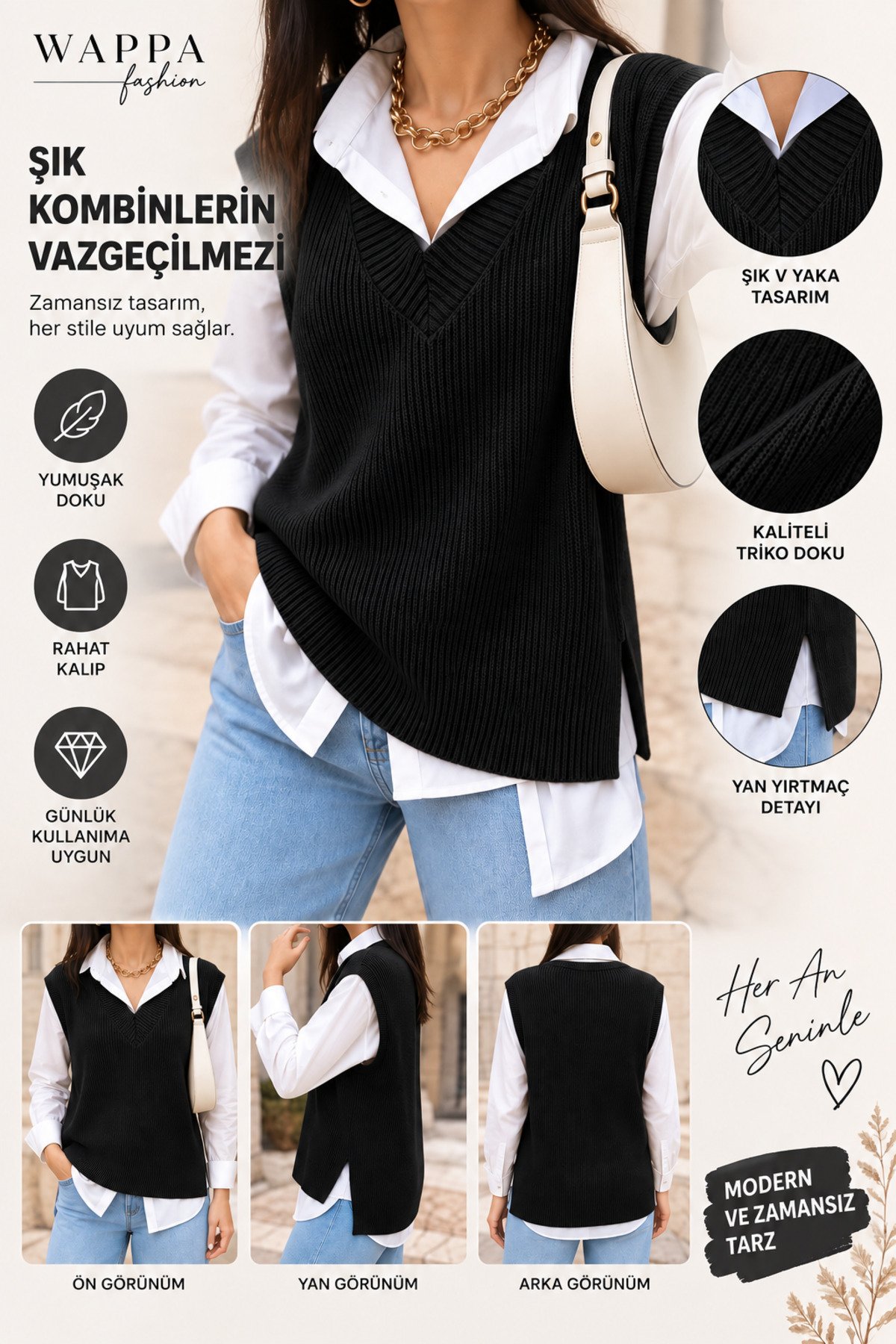 Kadın V Yaka Siyah Oversize - 1