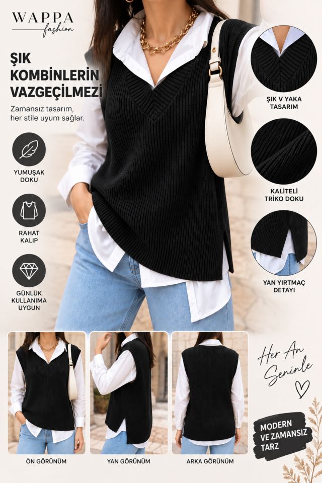 Kadın V Yaka Siyah Oversize