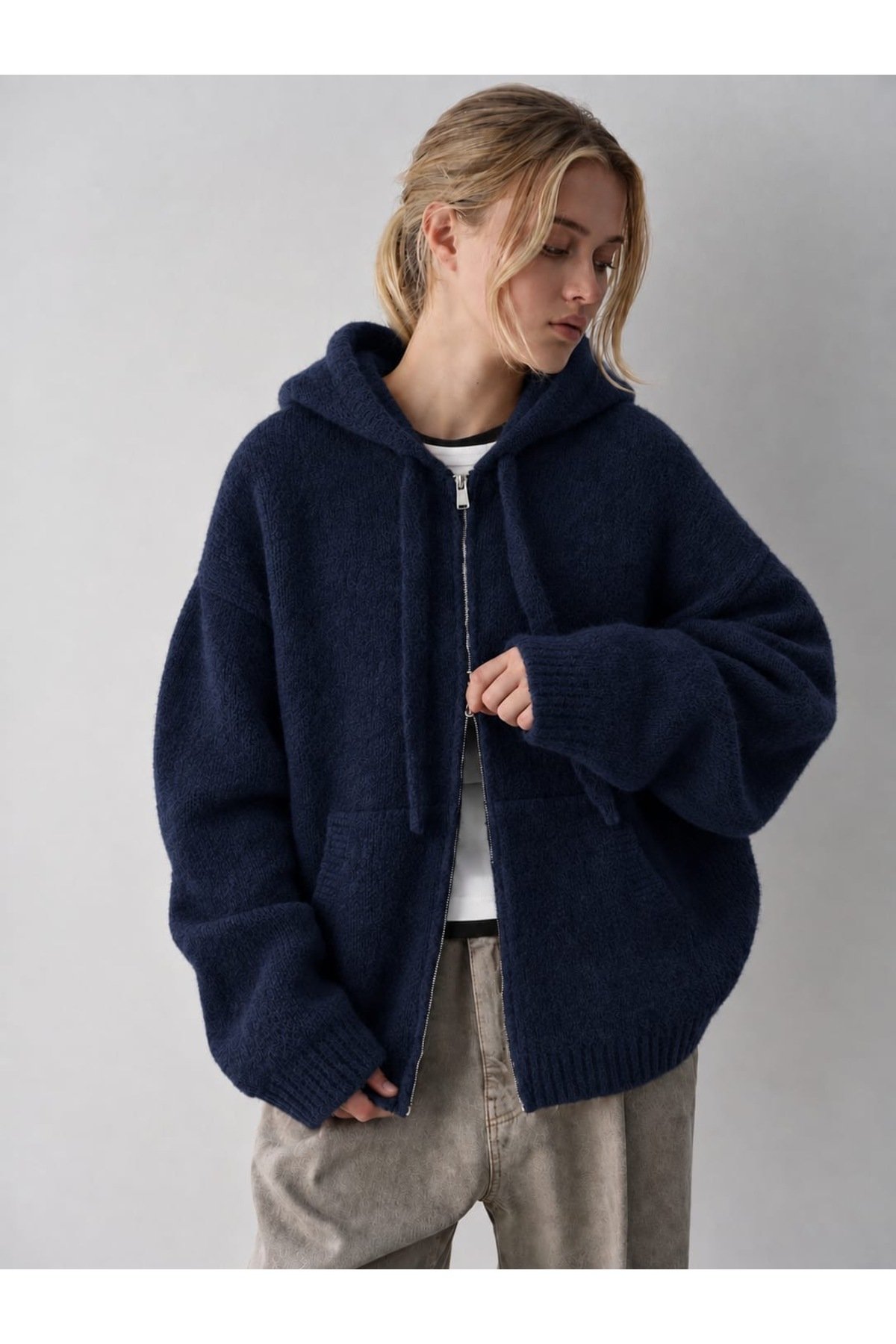 Kadın Kapüşonlu Fermuarlı Triko Hırka SOFT HOODIE CARDIGAN - 4
