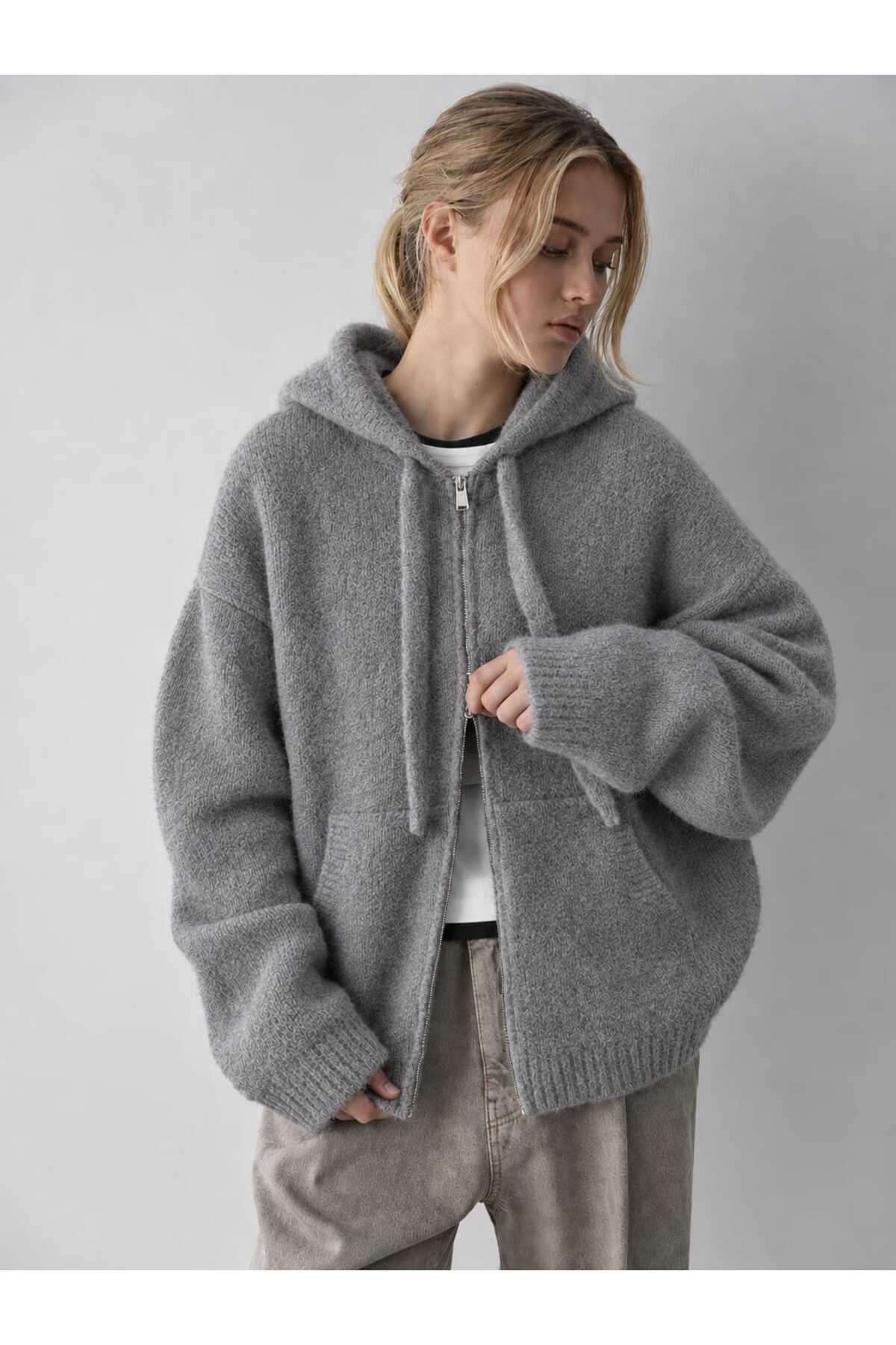 Kadın Kapüşonlu Fermuarlı Triko Hırka SOFT HOODIE CARDIGAN - 2
