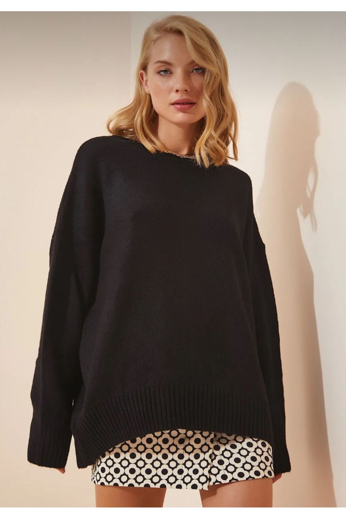 Kadın Siyah Oversize Triko Bisiklet Yaka Kazak - 2