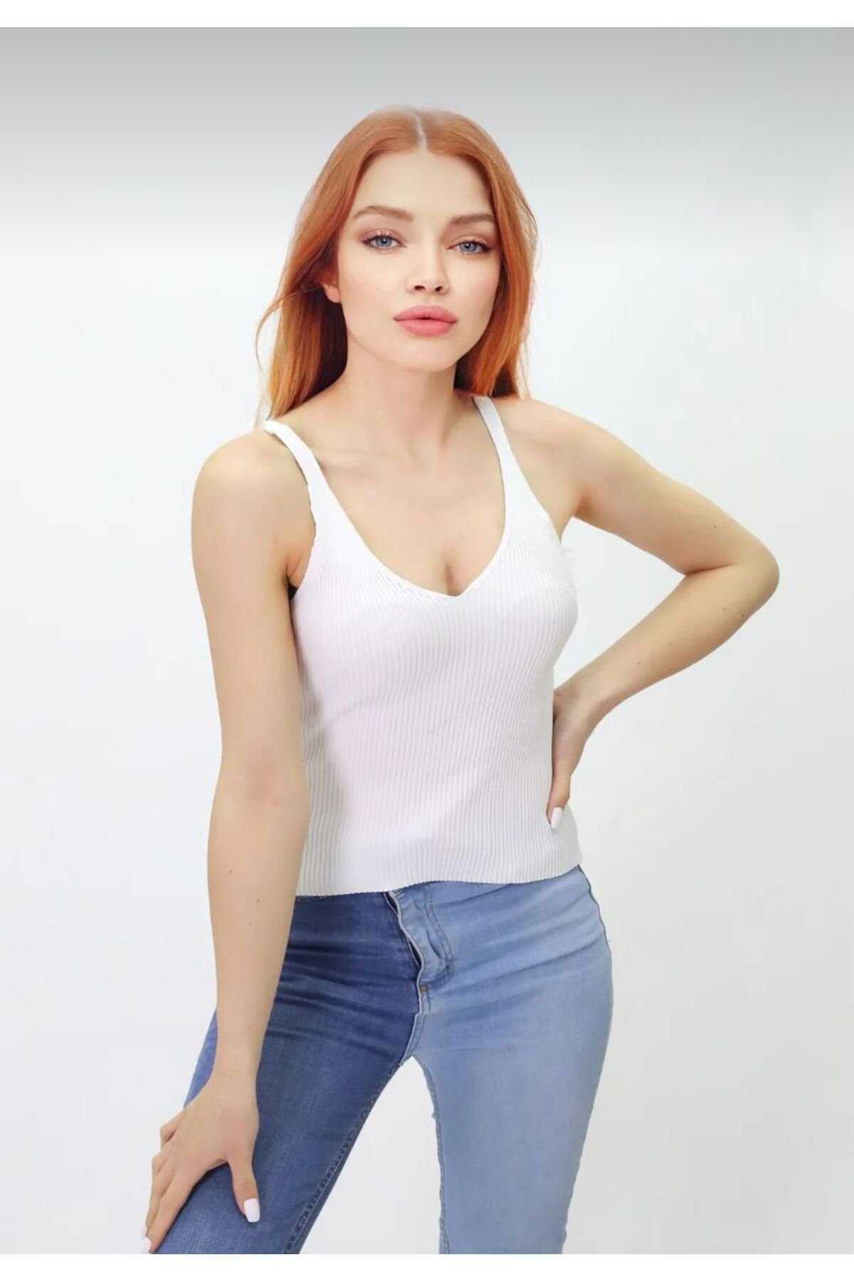 Kadın Beyaz V Yaka crop Triko Atlet Askılı bluz - 2