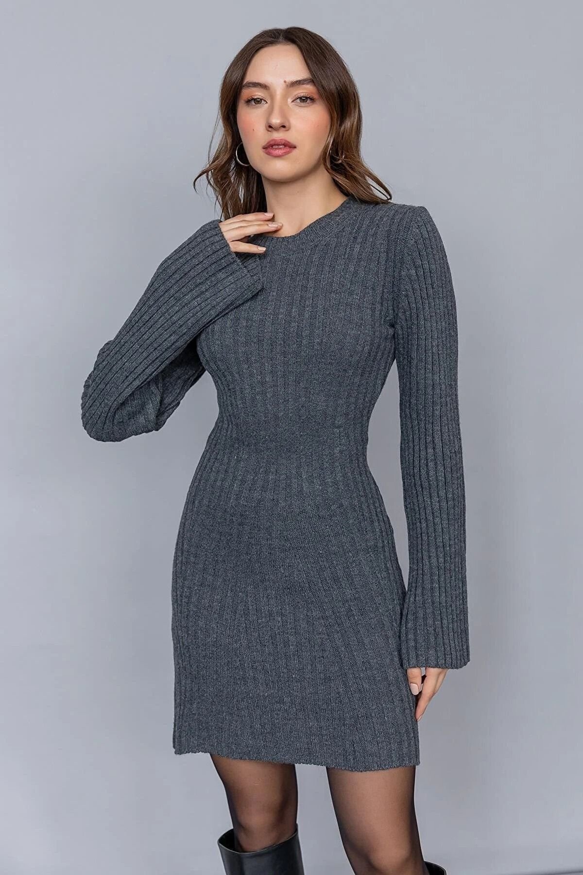 Kadın Bisiklet Yaka Kloş Mini Fitilli Triko Elbise Gri - 2