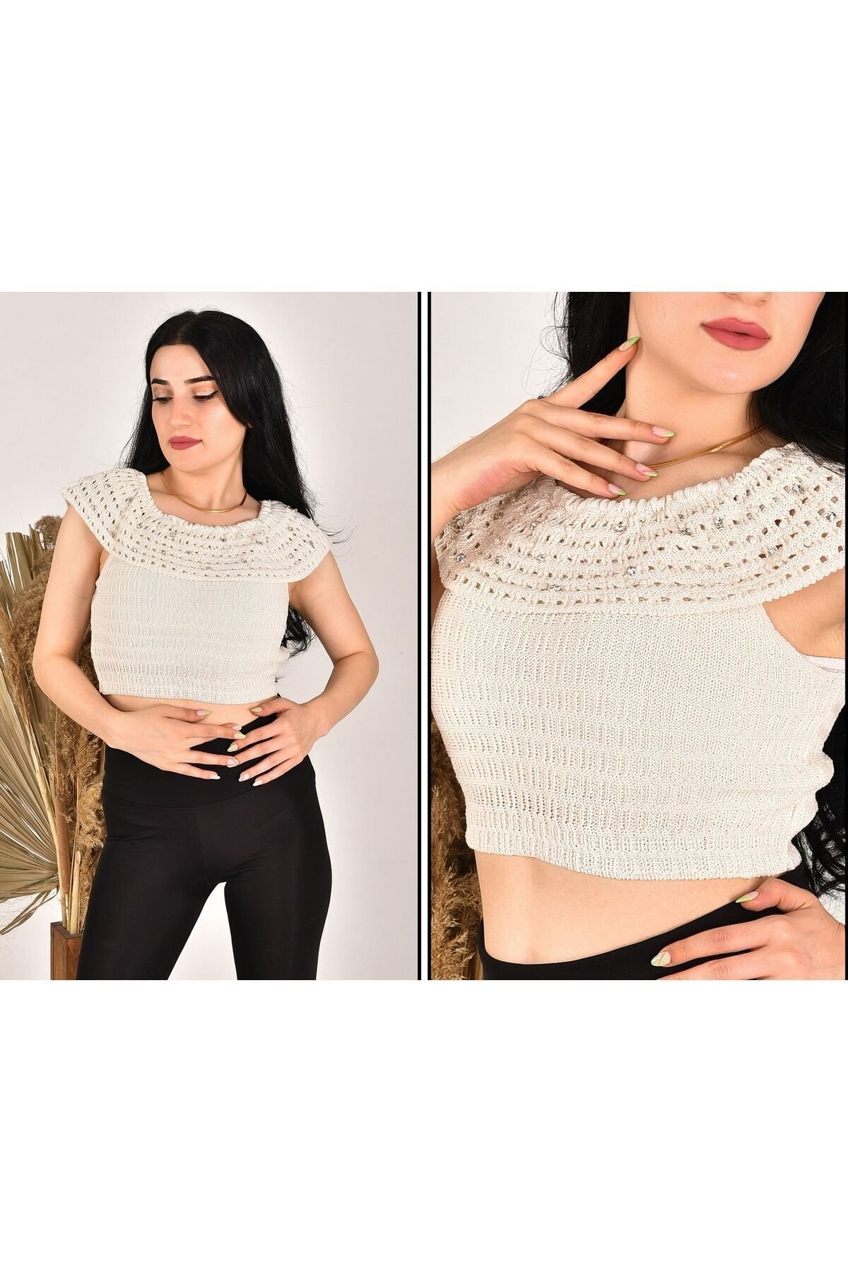 Yazlık Madonna yaka taşlı krop - 5
