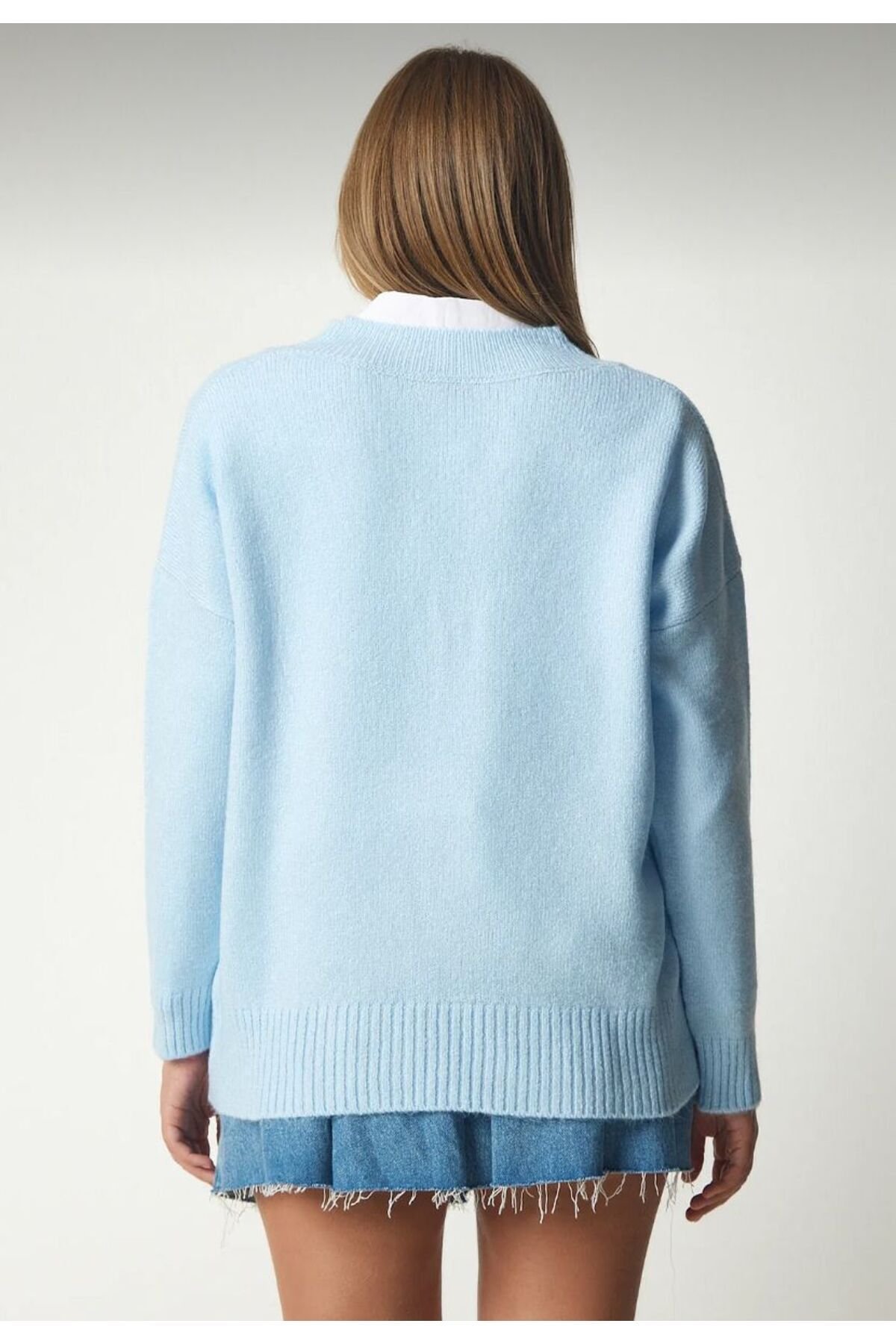 Kadın Mavi Oversize Triko Kazak - 3