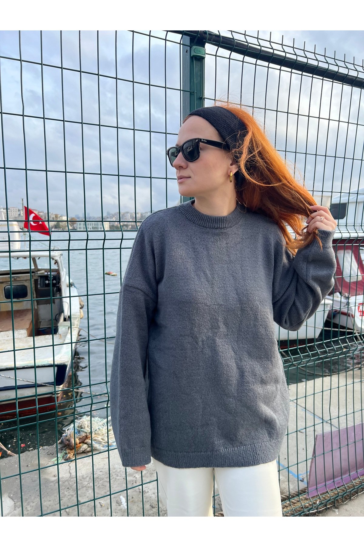 Antrasit Bisiklet Yaka Oversize Triko Kazak - 2