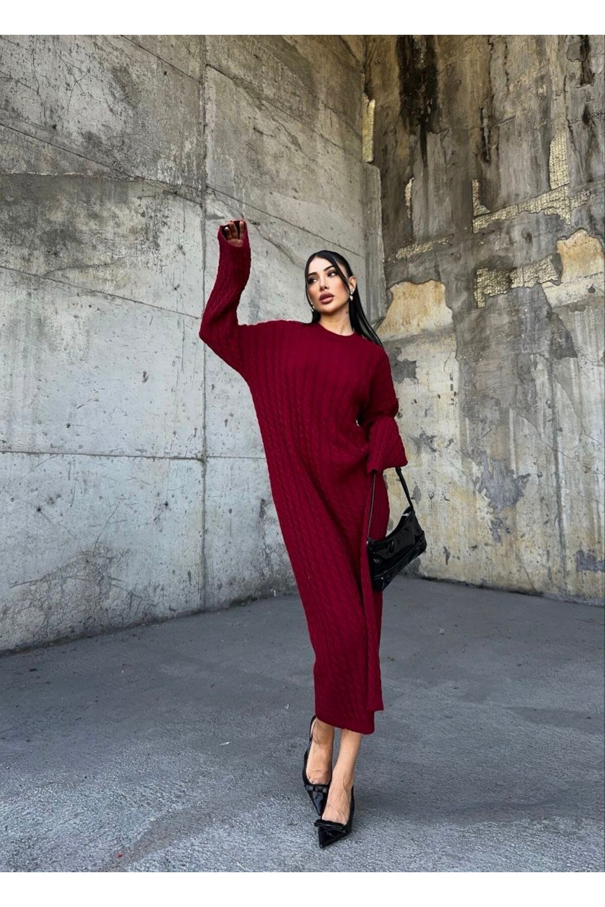 Kadın Bordo Saç Örgüsü Detaylı Oversize Triko Elbise - 3