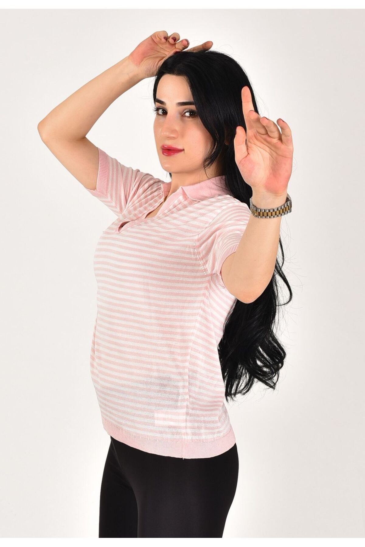 Kadın çizgili kısa kol Pamuk Polo yaka - 1