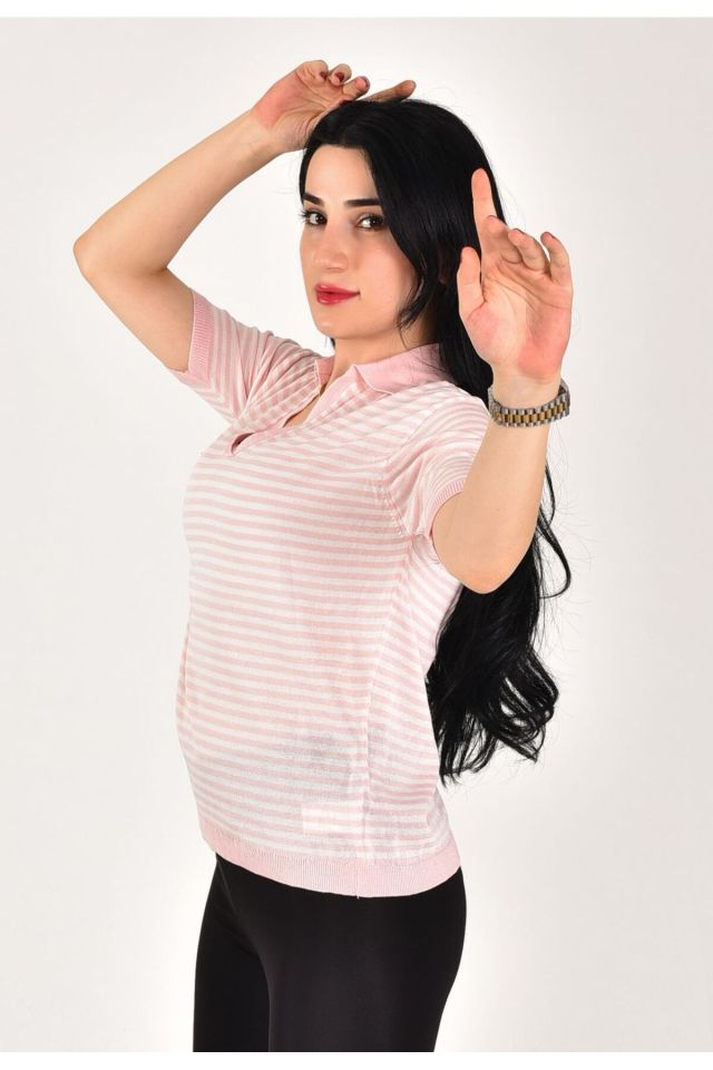 Kadın çizgili kısa kol Pamuk Polo yaka