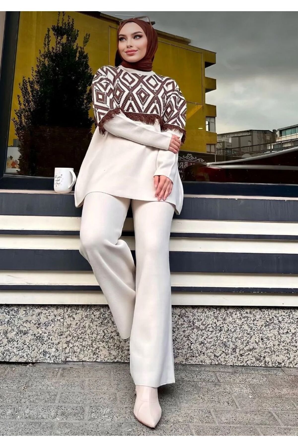 Kadın bej Triko Tunik Pantolon İkili Takım - 3