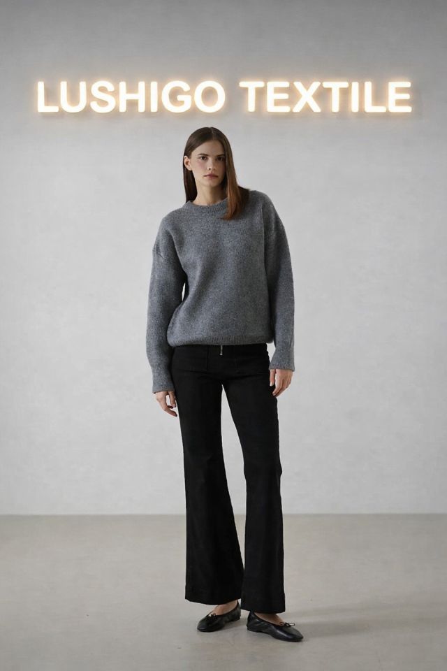 Kadın Triko Regular Fit Bisiklet Yaka Antrasit Extra Yumuşak Yünlü Dokulu Oversize Kadın Kazak