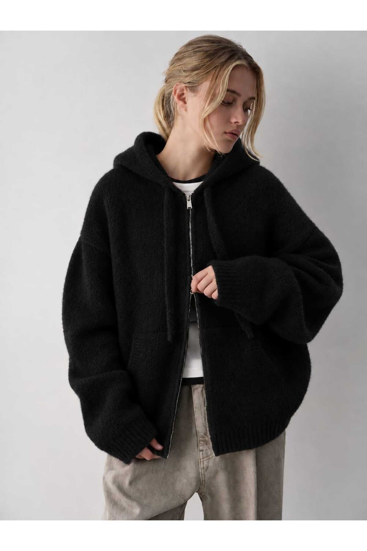 Kadın Kapüşonlu Fermuarlı Triko Hırka SOFT HOODIE CARDIGAN - 6