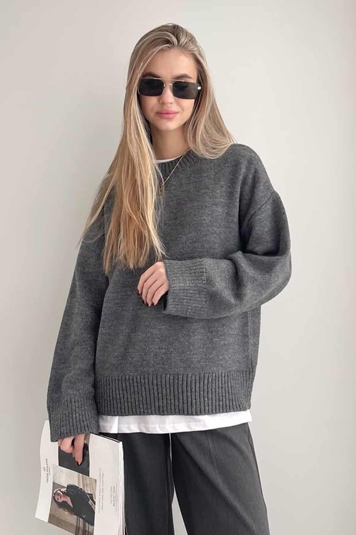 Antrasit Bisiklet Yaka Oversize Triko Kazak - 2