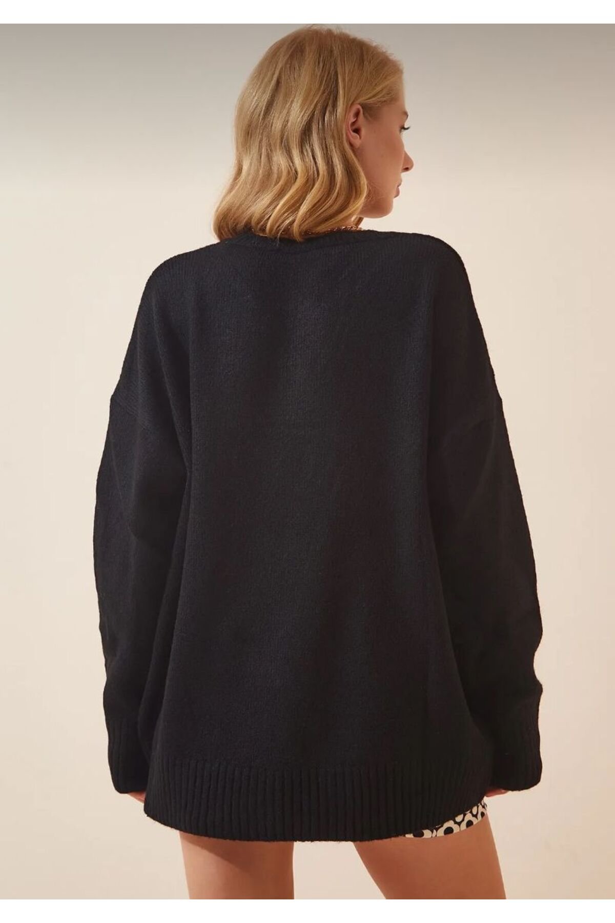 Kadın Siyah Oversize Triko Bisiklet Yaka Kazak - 3