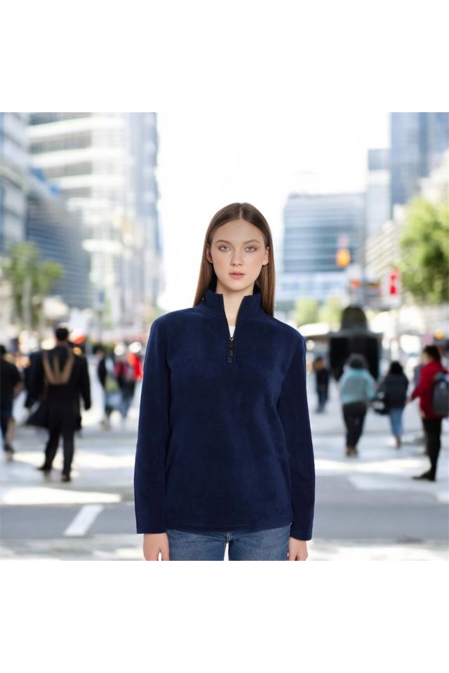 Unisex standart Fit Rahat Kesim Tüylenme Yapmayan Soğuk Geçirmez Lacivert Dik Yaka Kadın Polar