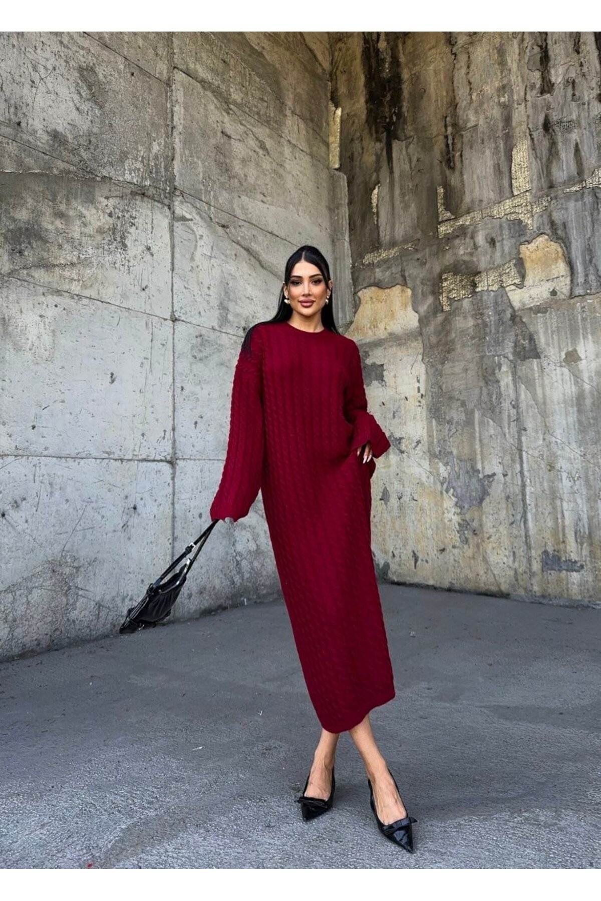 Kadın Bordo Saç Örgüsü Detaylı Oversize Triko Elbise - 2