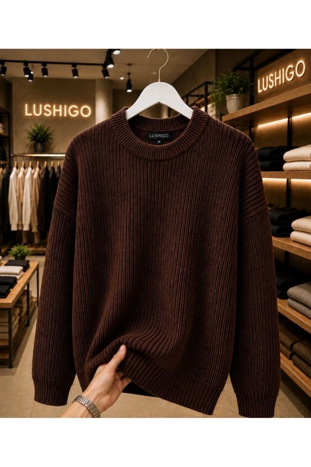 Erkek Premium Oversize Yumuşak Bisiklet Yaka Triko Kazak LSHG-0371