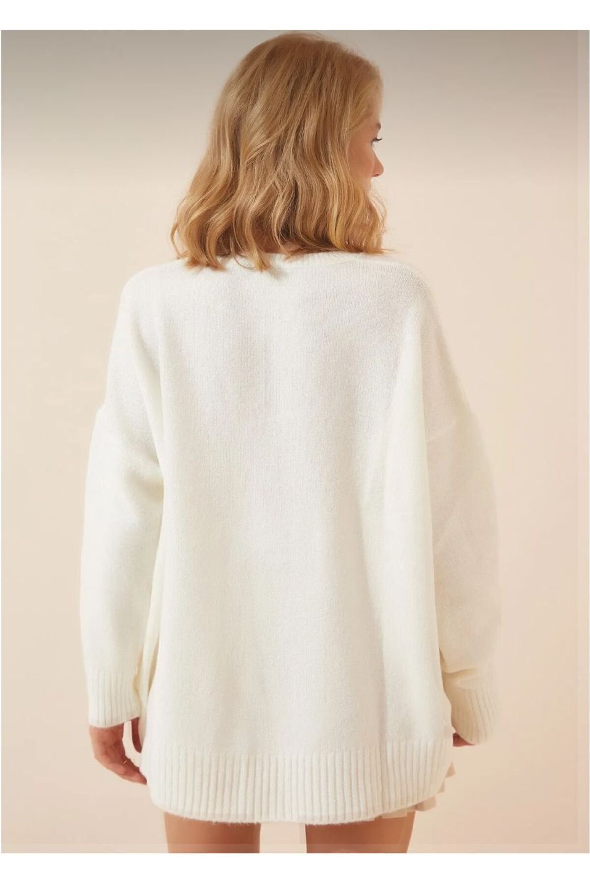 Kadın Ekru Oversize Triko Kazak - 3