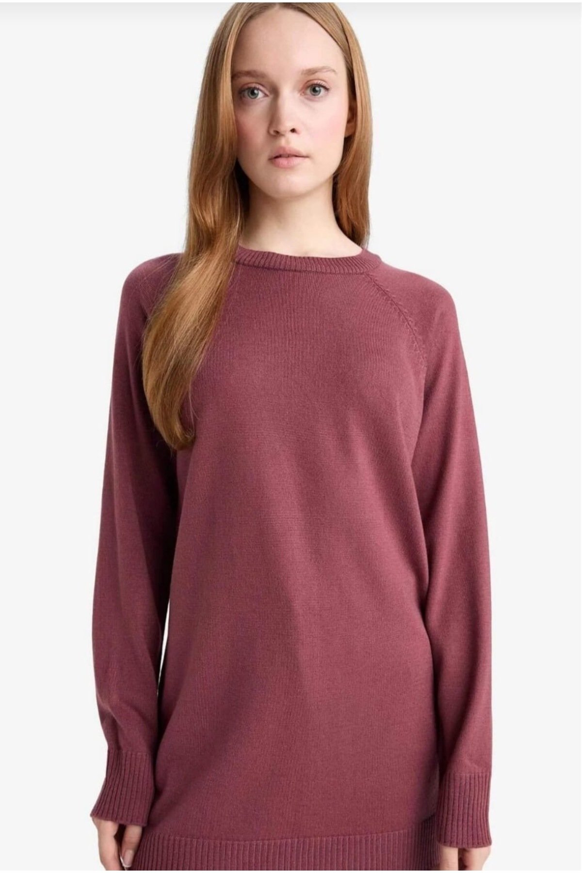 Regular Fit Bisiklet Yaka Yırtmaçlı Basic Düz Triko Kazak Tunik009012 - 4