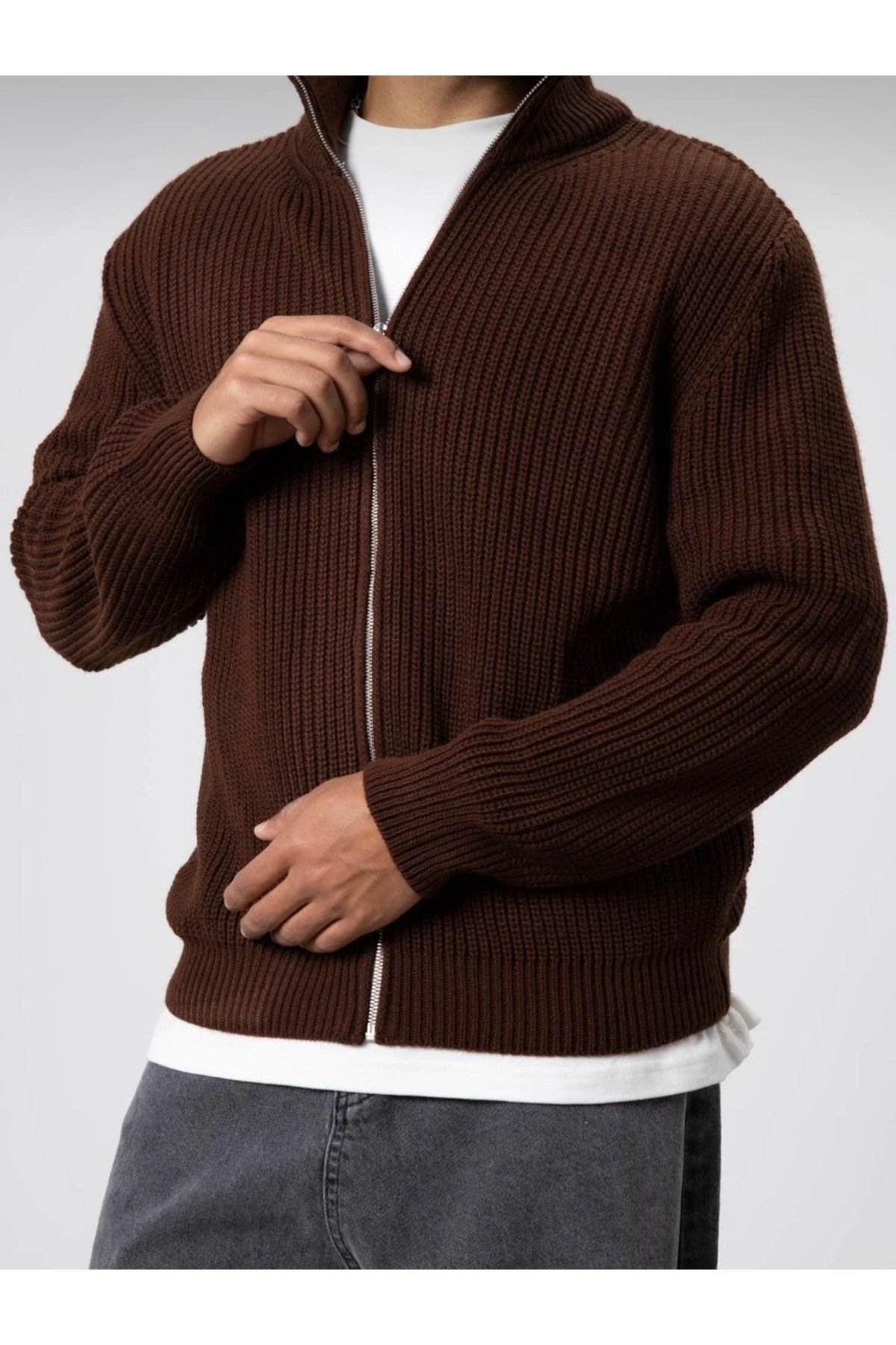 Erkek Regular Fit Normal Kesim Fermuarlı Selanik Örgü Hırka - 2