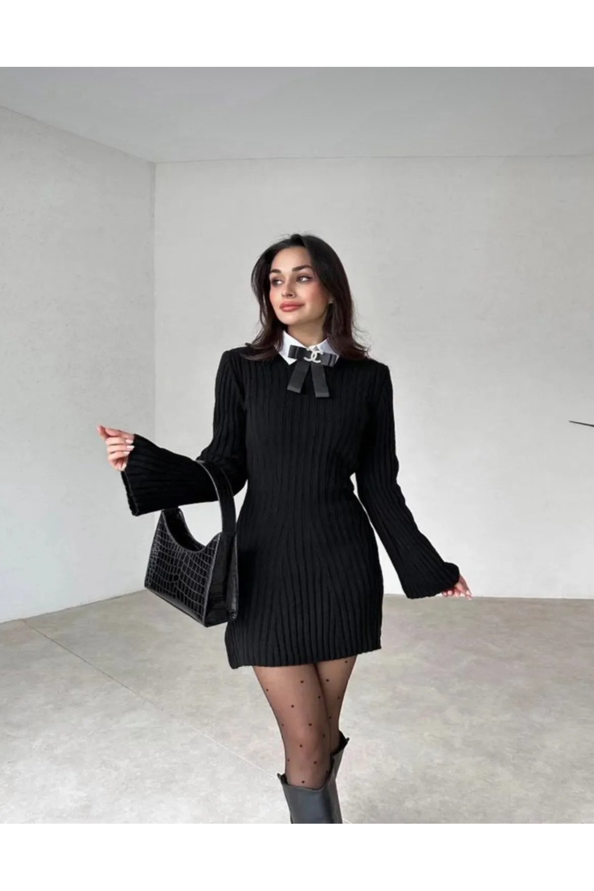 Kadın mini fitilli triko elbise - 1