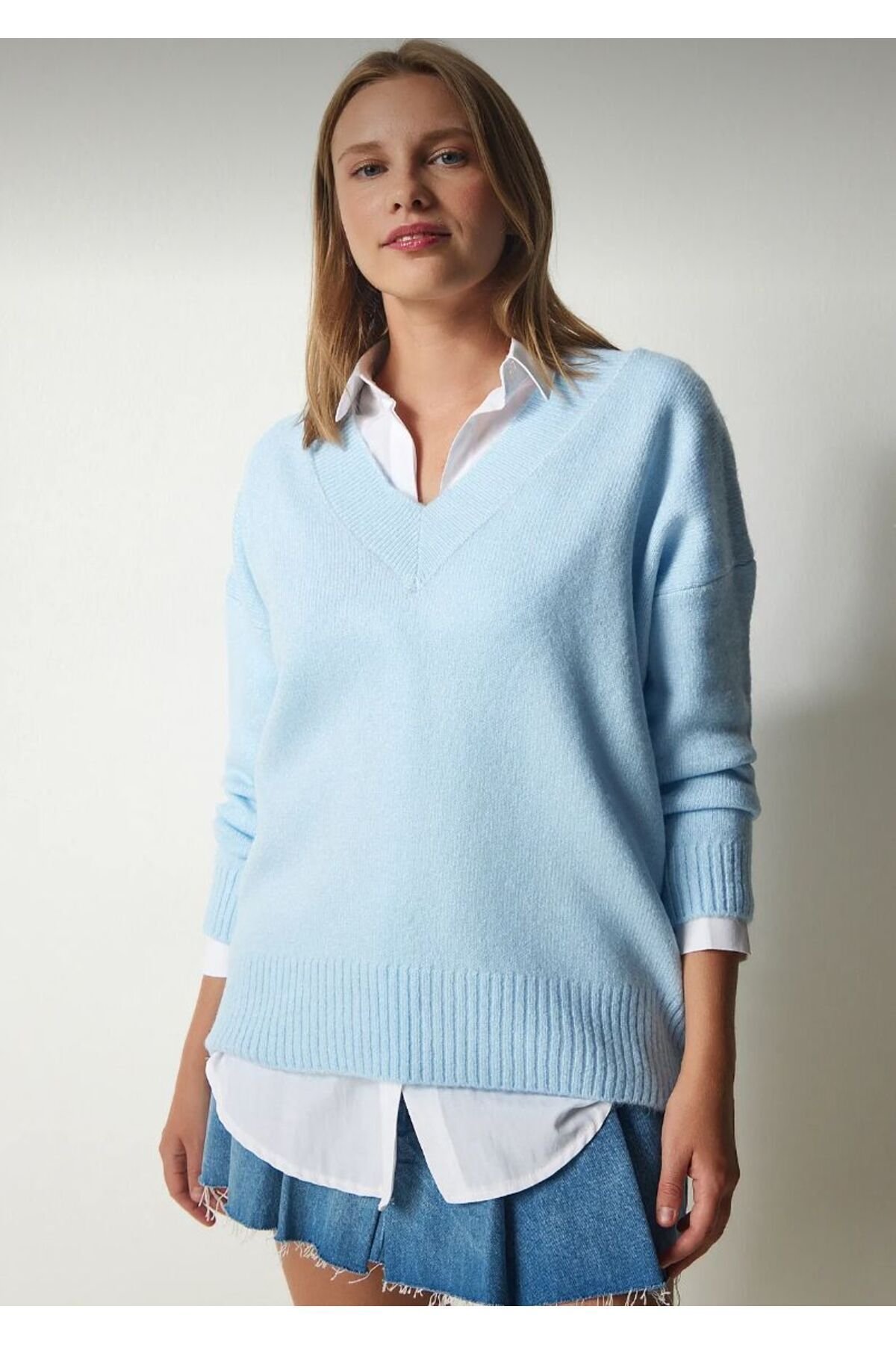 Kadın Mavi Oversize Triko Kazak - 4