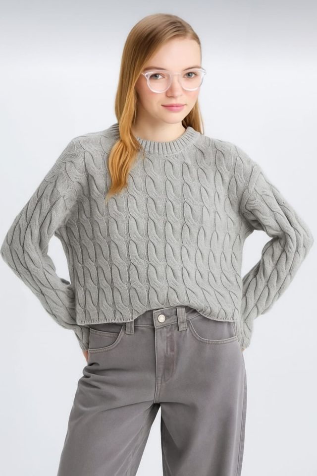 Kadın Cool Regular Fit Bisiklet Yaka Saç Örgülü Triko Kadin Kazak MD571
