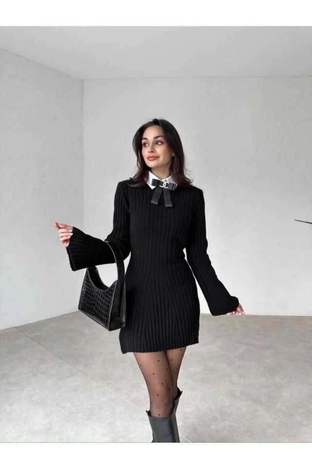 10 NUMARA MODA Kadın Antrasit Bisiklet Yaka Kloş Mini Fitilli Kışlık Triko Elbise 10NMR2966
