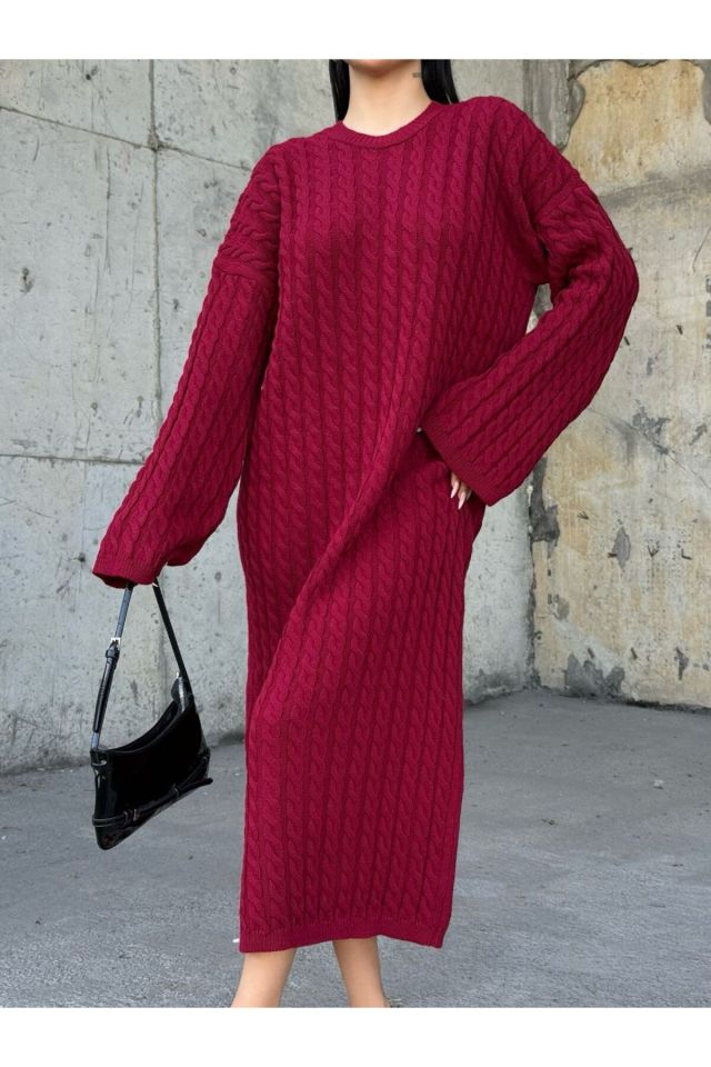 Kadın Bordo Saç Örgüsü Detaylı Oversize Triko Elbise
