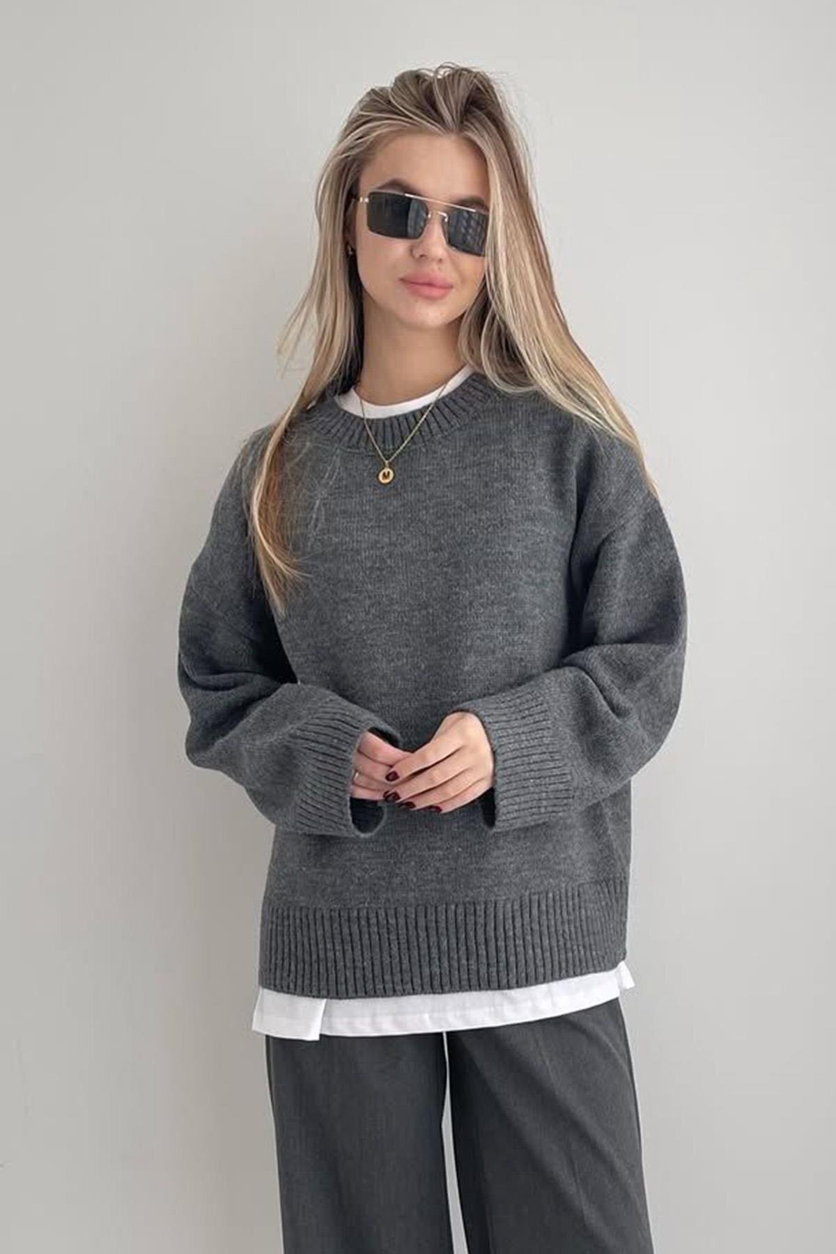 Antrasit Bisiklet Yaka Oversize Triko Kazak - 6