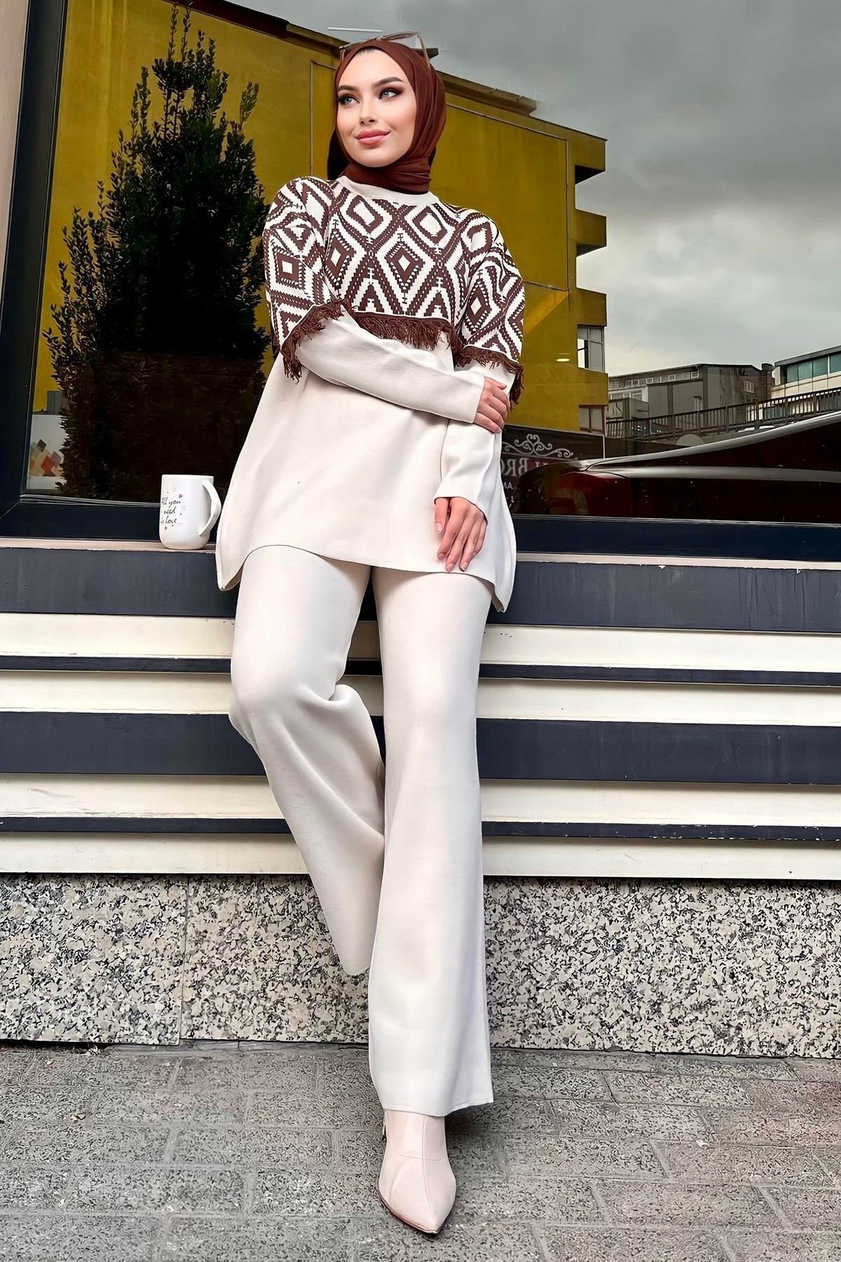 Düz Orta Kadın Bej Triko Tunik Pantolon - 21808 - 1