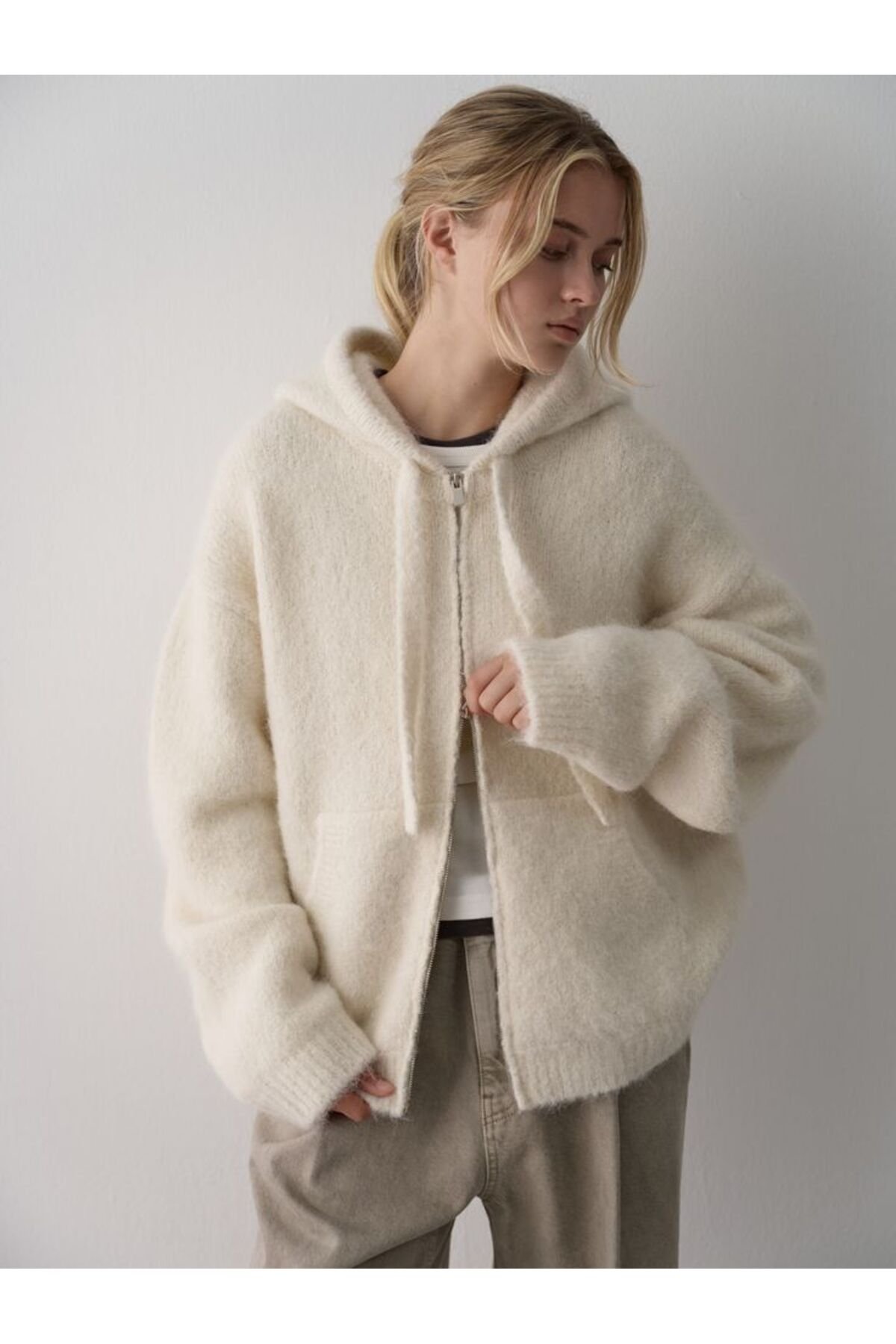 Kadın Kapüşonlu Fermuarlı Triko Hırka SOFT HOODIE CARDIGAN - 5