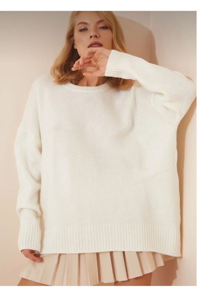 Kadın Ekru Oversize Triko Kazak