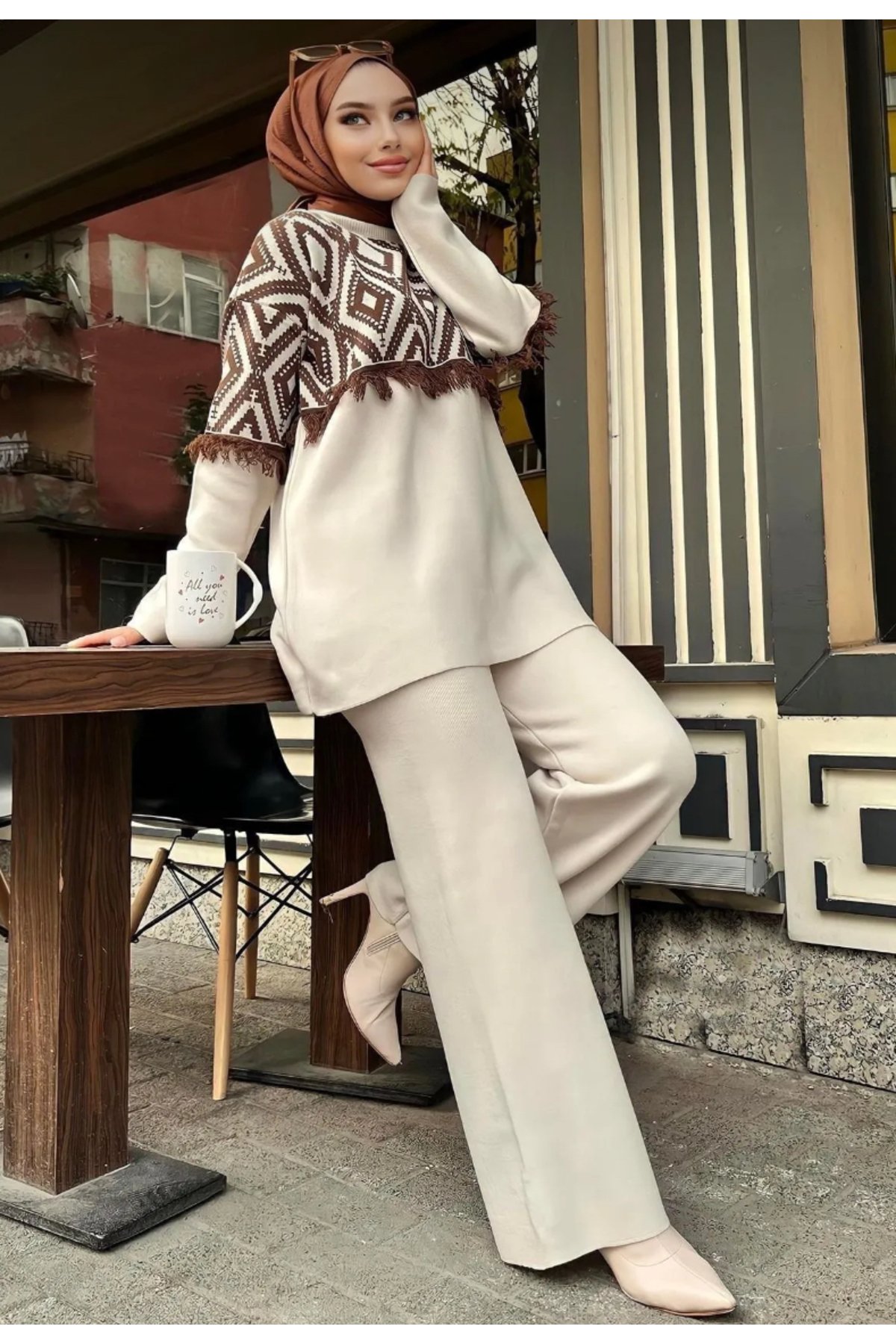 Kadın Bej Triko Tunik Pantolon İkili Takım - 2